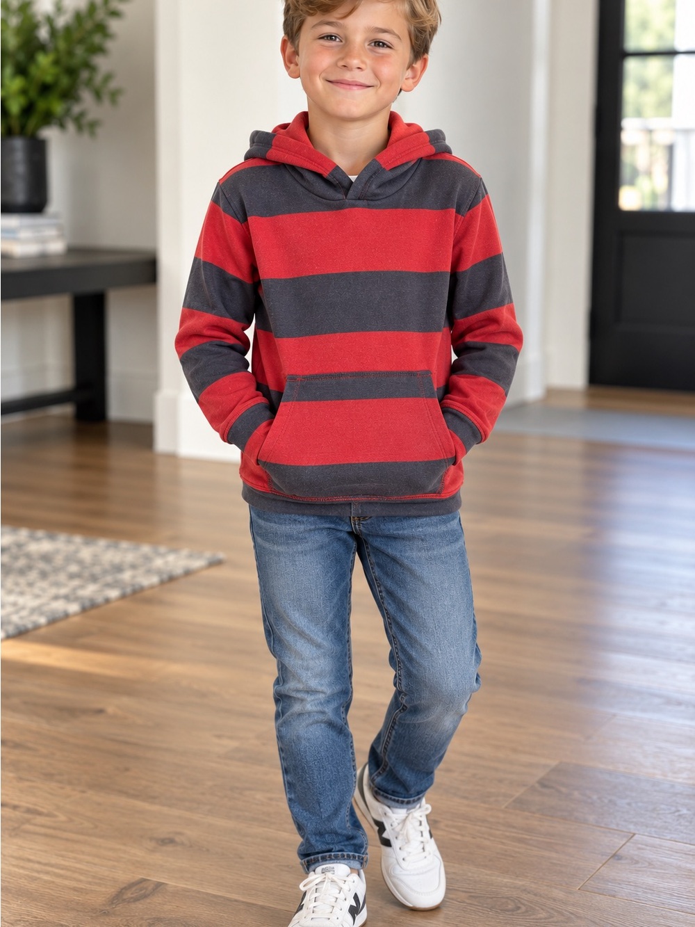 kidpik Red and Gray Striped Hooded Sweatshirt